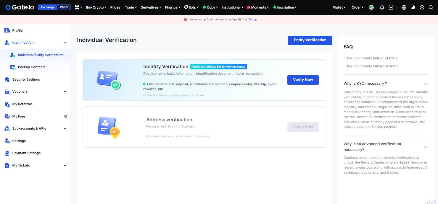 Giao diện chọn "Verify Now" trong "Identity Verification"